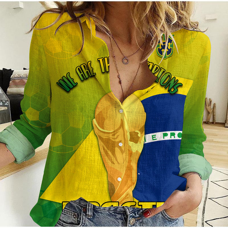 (Custom Personalised) Brasil Football Champions Flag With Soccer Ball Women Casual Shirt - Wonder Print Shop