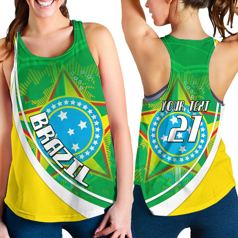 (Custom Text And Number) Brazil Football Coat Of Arms Women Racerback Tank Canarinha Champions World Cup 2022 - Wonder Print Shop