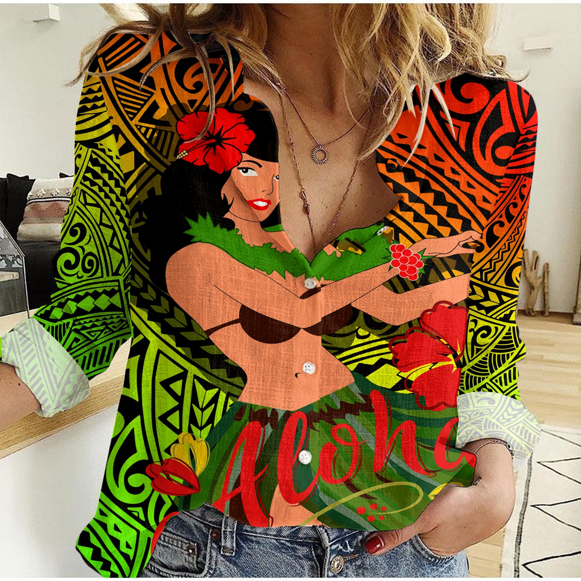 Hawaii Hula Girl Reggae Women Casual Shirt LT2 - Wonder Print Shop