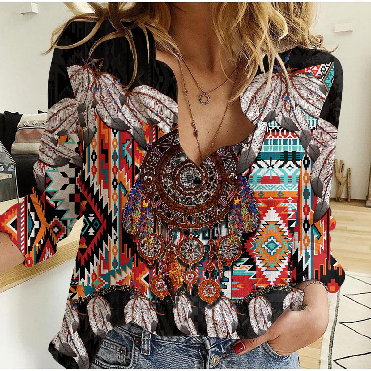 Native American Casual Shirt Native Patterns Dreamcatcher LT6 - Wonder Print Shop