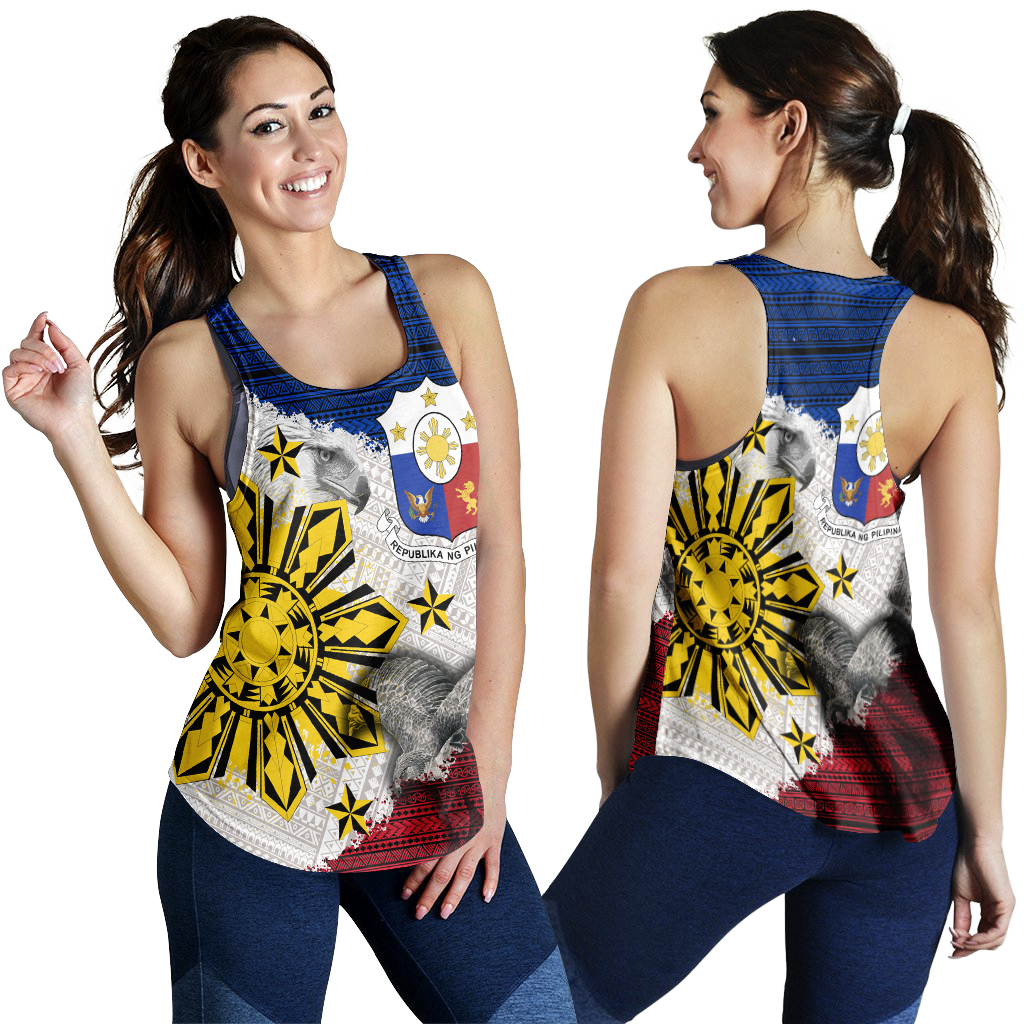 Women’s tank top with eagle and sun emblem, blue straps, colorful tribal print