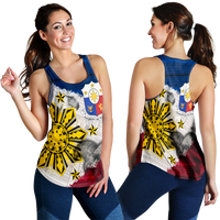 Women’s tank top with eagle and sun emblem, blue straps, colorful tribal print