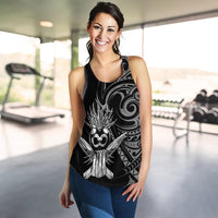 Women's black tank top with tribal owl graphic, sleeveless racer back, curved hem