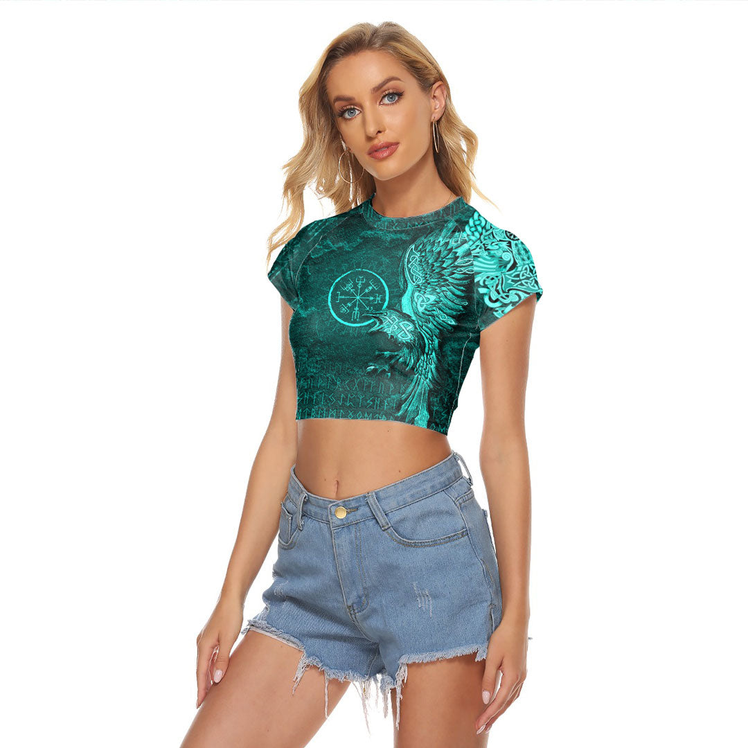 Viking Clothing Vegvisir With Raven Viking Compass Raglan Cropped T shirt Cyan Version RLT12 - Wonder Print Shop