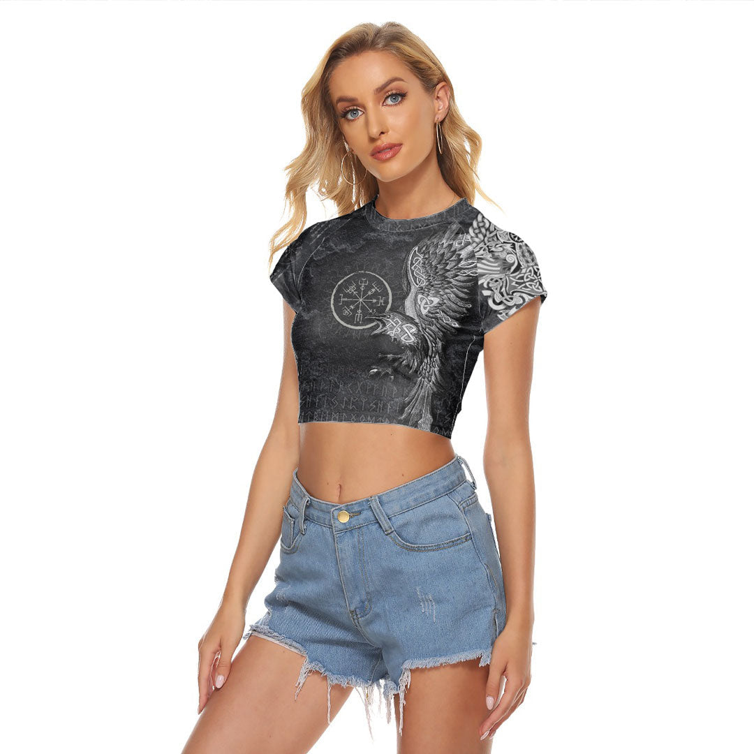 Viking Clothing Vegvisir With Raven Viking Compass Raglan Cropped T shirt RLT12 - Wonder Print Shop