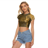 Viking Clothing Vegvisir With Raven Viking Compass Gold Version Raglan Cropped T shirt RLT12 - Wonder Print Shop