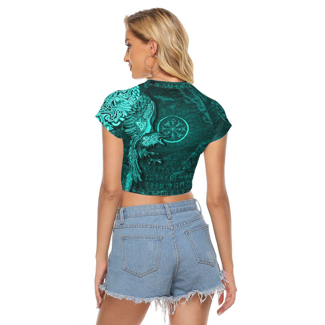 Viking Clothing Vegvisir With Raven Viking Compass Raglan Cropped T shirt Cyan Version RLT12 - Wonder Print Shop