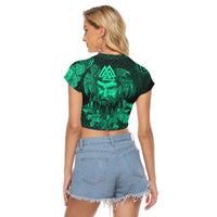 Viking Clothing Viking Odin Raven Tattoo Style Green Version Raglan Cropped T shirt RLT12 - Wonder Print Shop