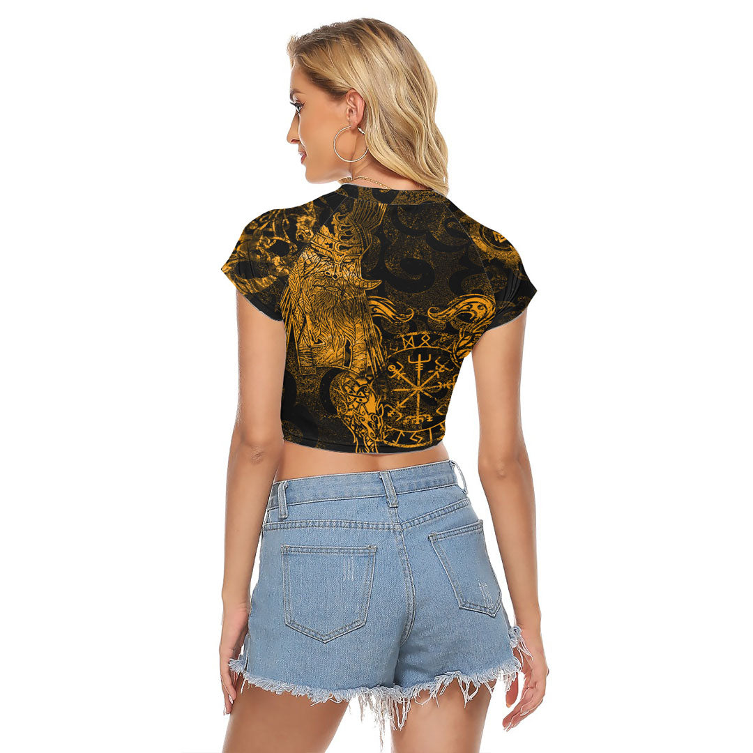 Viking Clothing Viking Odin Tattoo Gold Version Raglan Cropped T shirt RLT12 - Wonder Print Shop