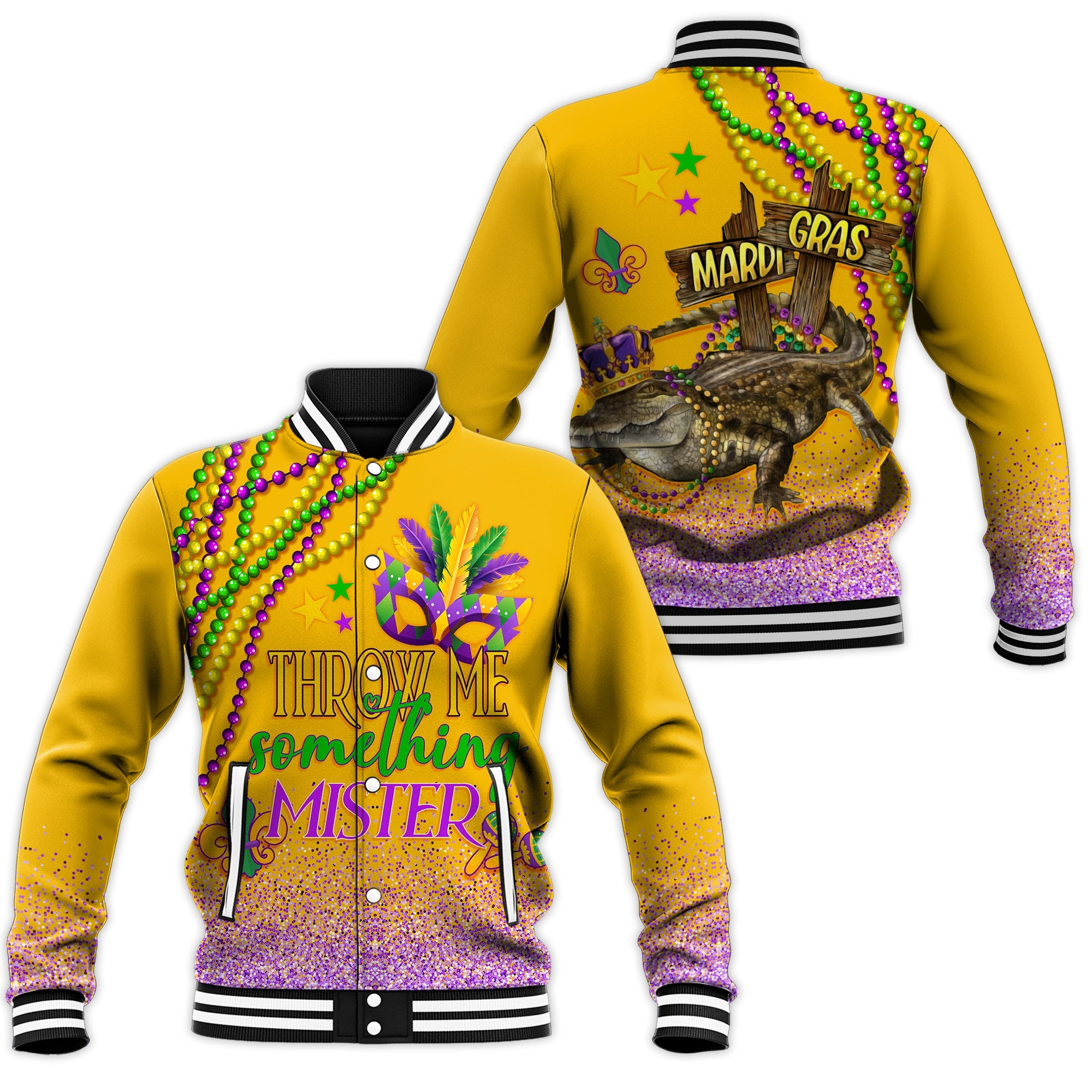 Baseball Jacket Mardi Gras - Throw Me Something Mister (Gold) LT7 - Wonder Print Shop
