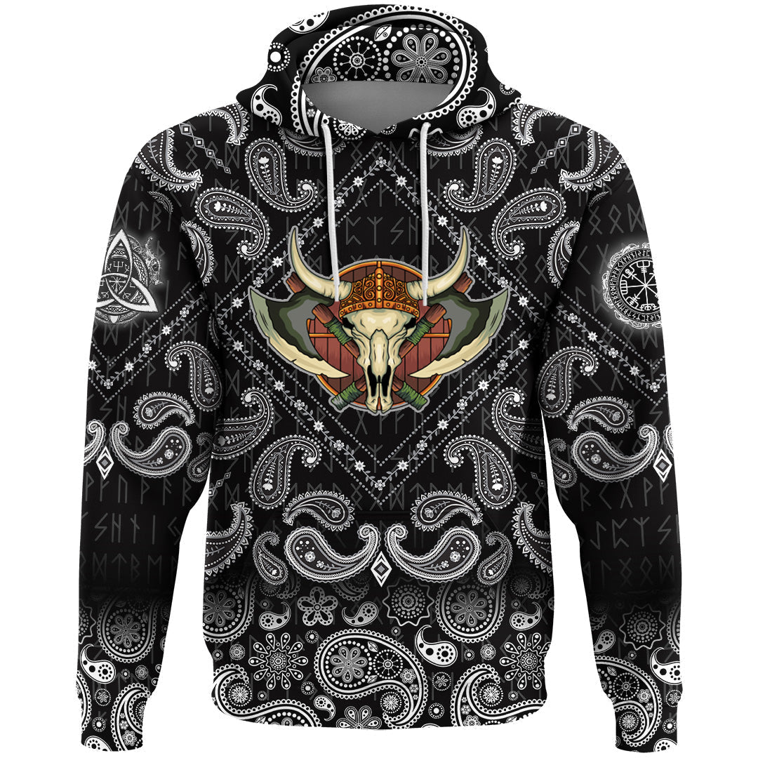 Viking Hoodie Yak Skull and Equipment with Bandana Paisley Style RLT12 - Wonder Print Shop
