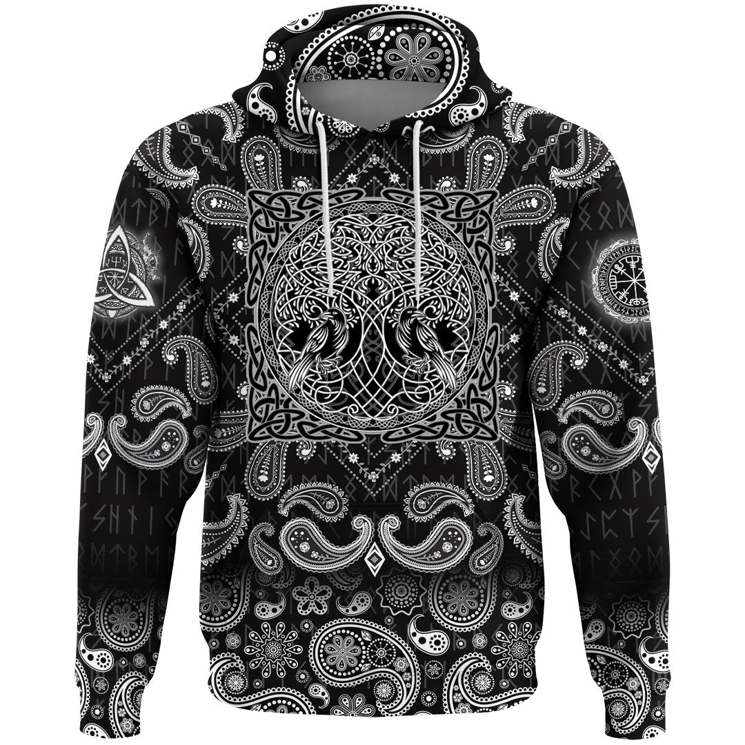 Viking Hoodie Yggdrasil Tree Of Life Raven Huginn and Muninn Ravens Of Odin with Bandana Paisley Style RLT12 - Wonder Print Shop