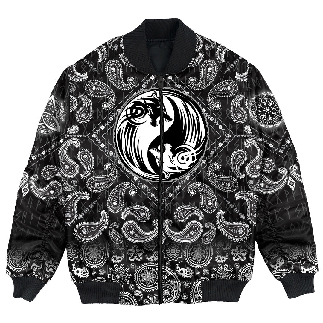 Viking Bomber Jacket Yin and Yang Wolf Swallowing Of The Sun with Bandana Paisley Style RLT12 - Wonder Print Shop