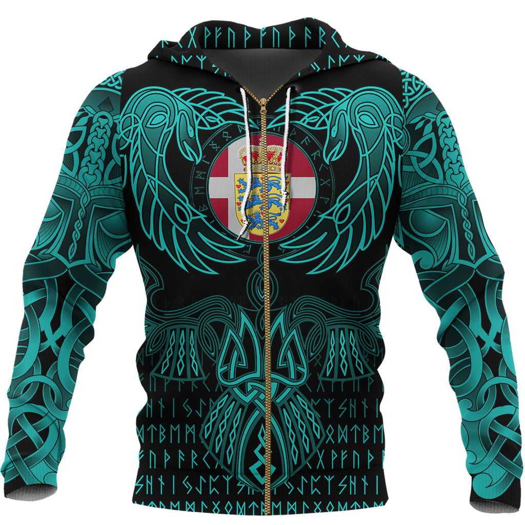 Viking Denmark Zip Hoodie Valknut of Odin Cyan RLT12 - Wonder Print Shop