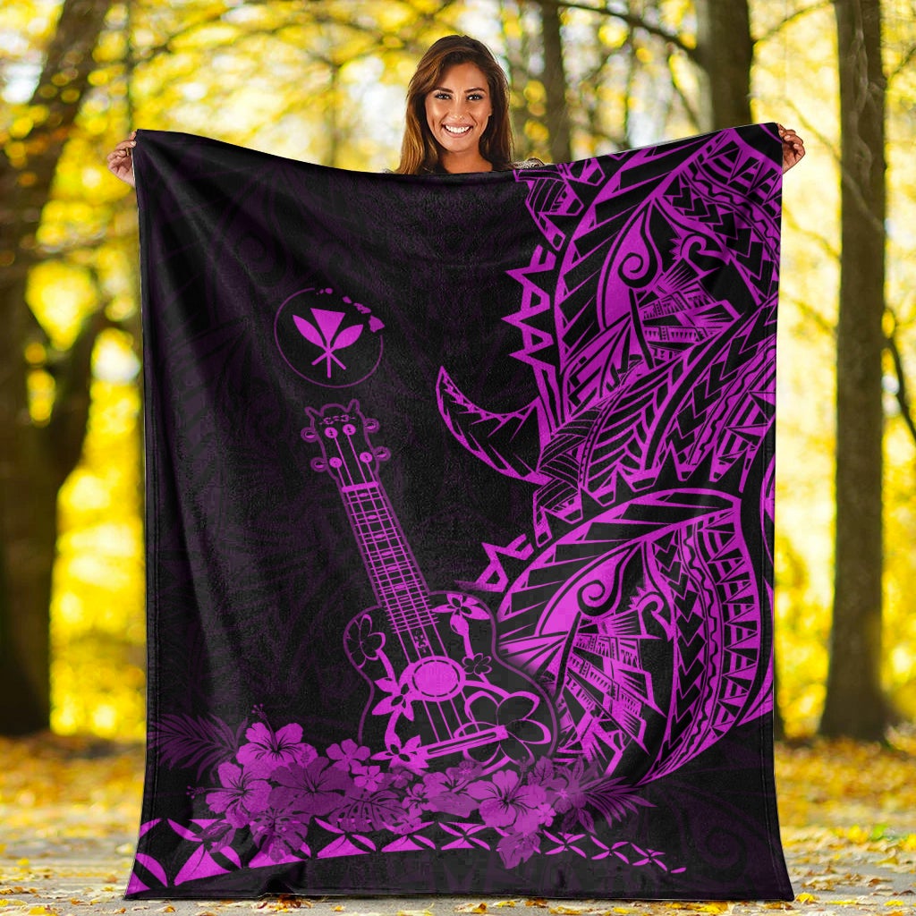 Black and purple Hawaiian blanket with ukulele and floral geometric pattern