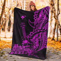Black and purple Hawaiian blanket with ukulele and floral geometric tiki-style design
