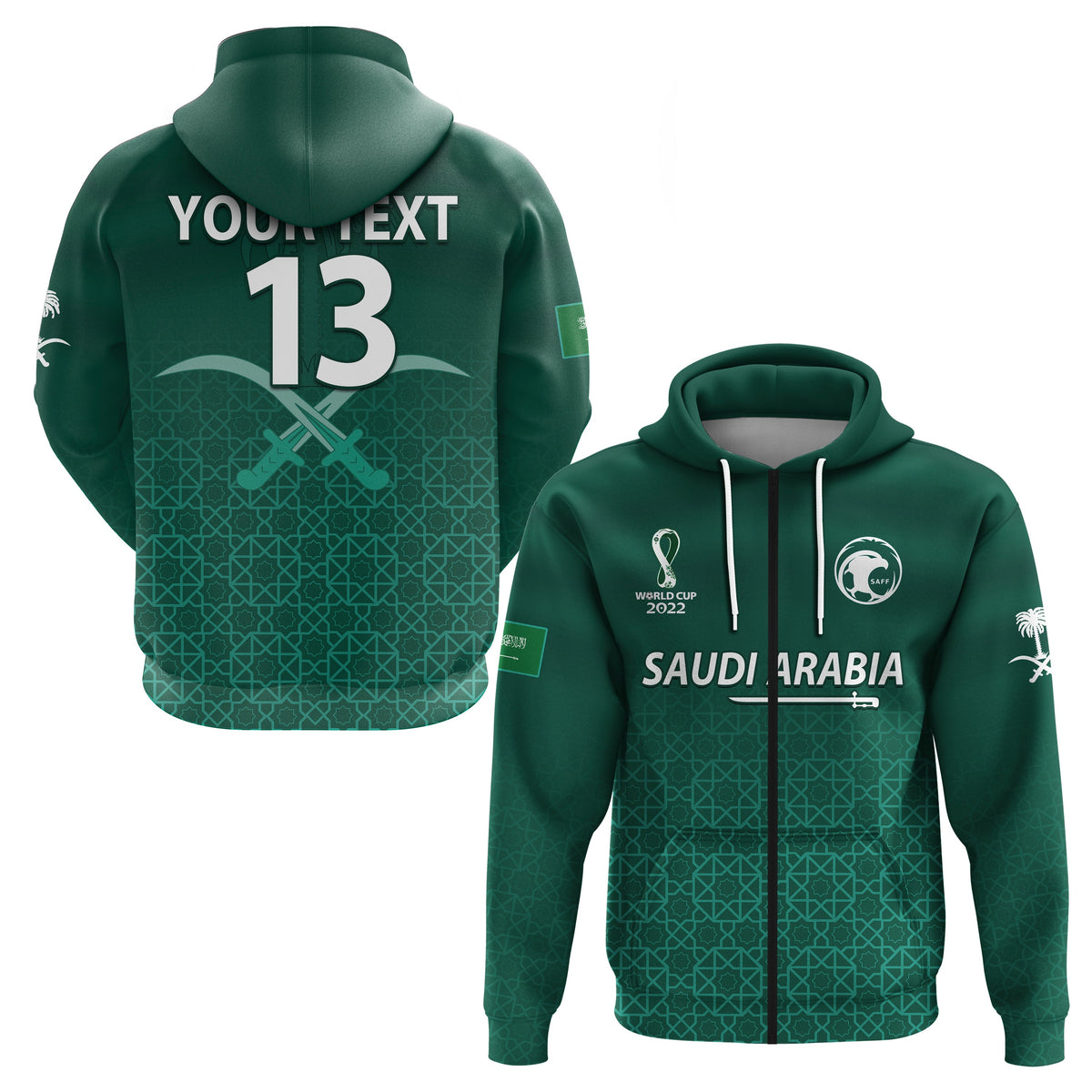 Custom Saudi Arabia Football Hoodie KSA Swords Pattern Saudi Green Champions LT13 - Wonder Print Shop