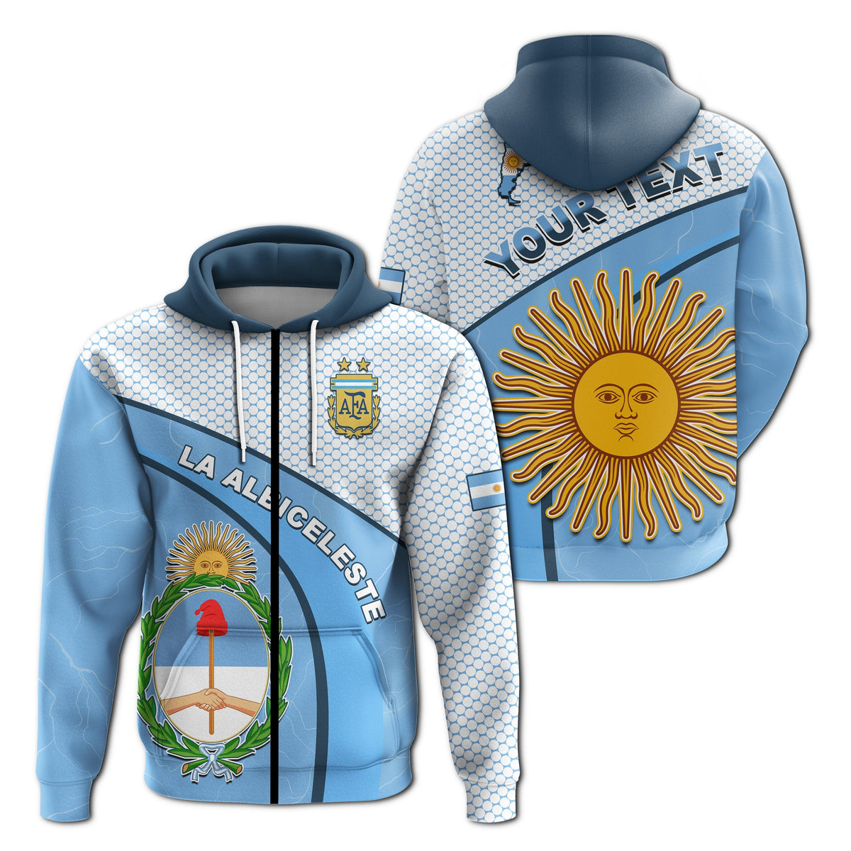 Blue Argentina football zip-style? hoodie front with diagonal band and LA ALBICELESTE text