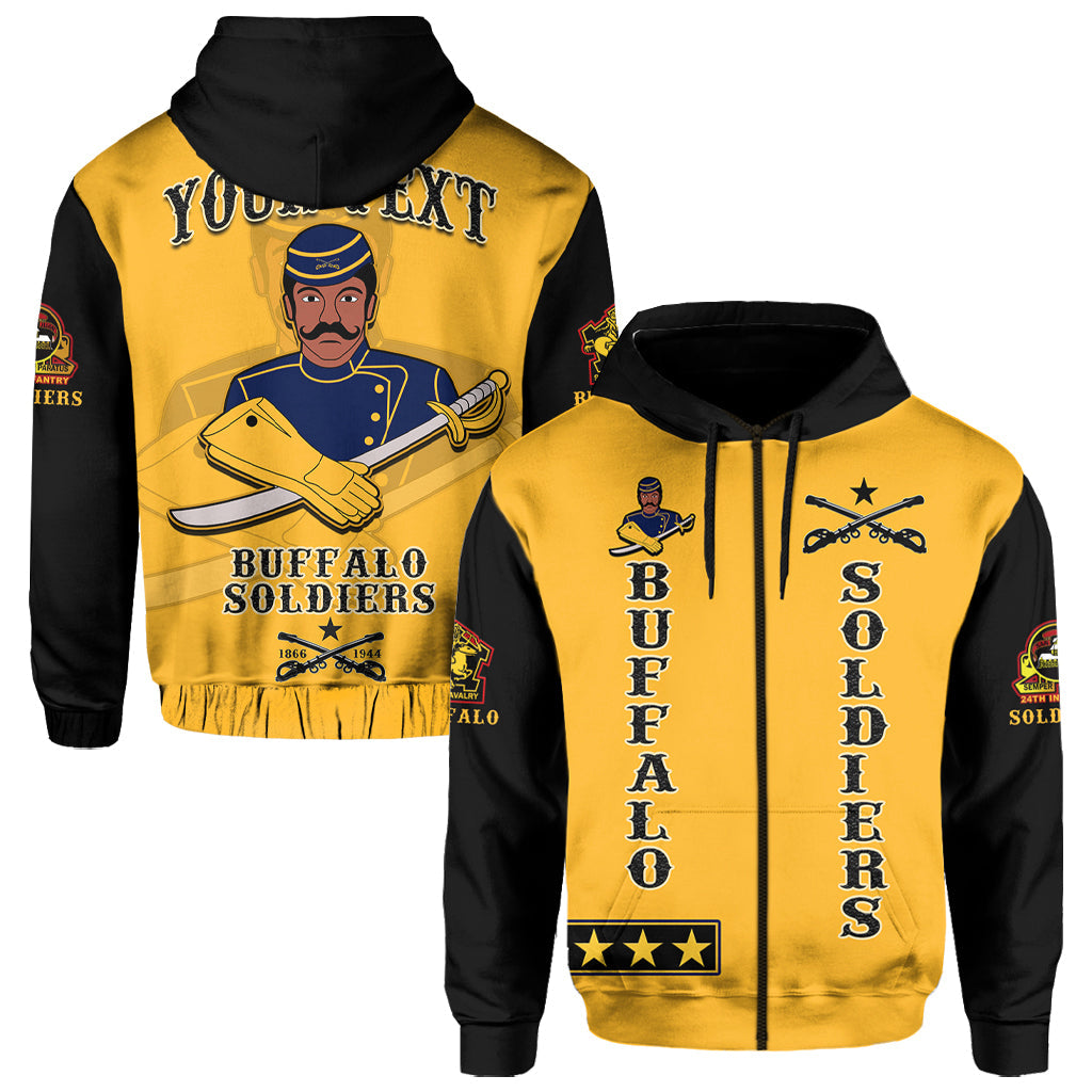 Gold-and-black Buffalo Soldiers motorcycle graphic pullover hoodie, front and back views
