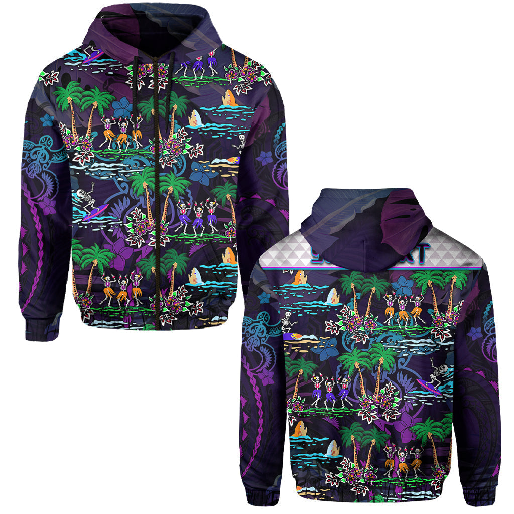 Purple hooded hoodie with skeleton and tropical scene graphic across front