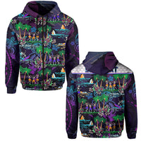 Purple hooded hoodie with skeleton and tropical scene graphic across front