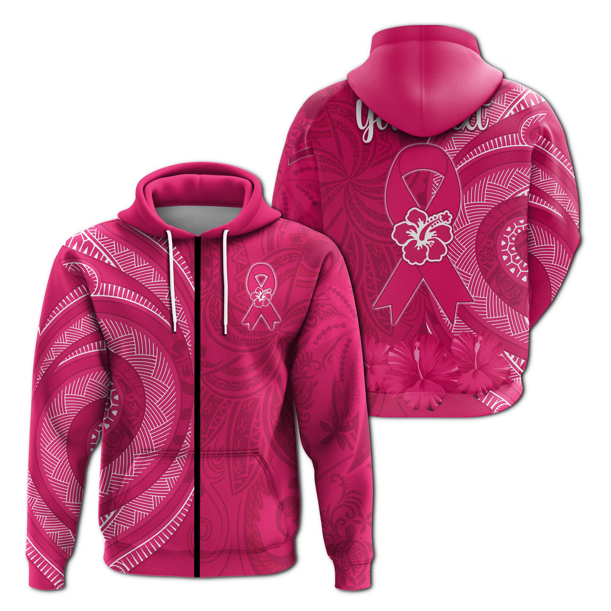 Custom Personalised Breast Cancer Awareness Hoodie Hibiscus Polynesian No One Fights Alone LT13 - Wonder Print Shop