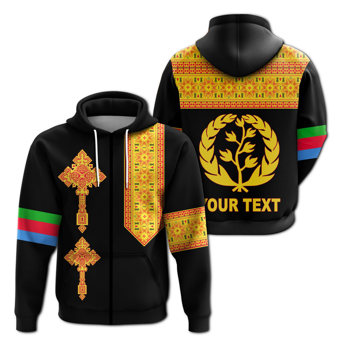 Custom Eritrea Tibeb Zip Hoodie Eritrean Cross Mix Flag Version Black LT13 - Wonder Print Shop
