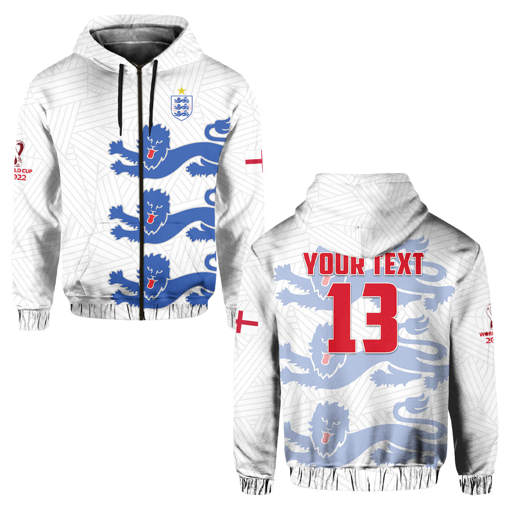 White hoodie with blue lion wave print; back shows "YOUR TEXT" and red 13