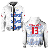 White hoodie with blue lion wave print; back shows "YOUR TEXT" and red 13