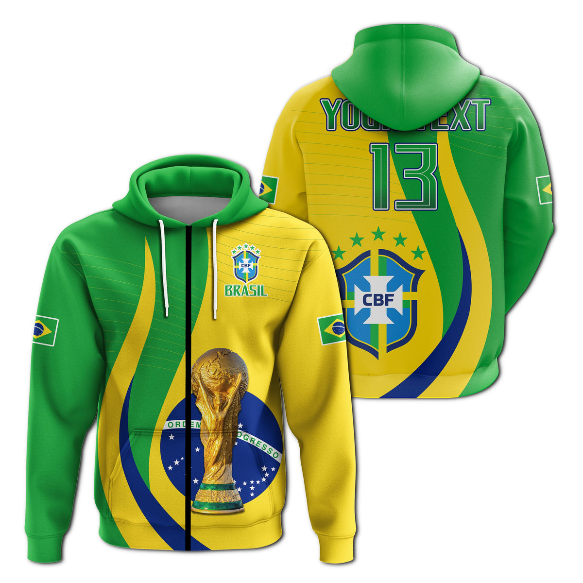 Brazil flag pullover hoodie set, green/yellow with trophy front and large back print