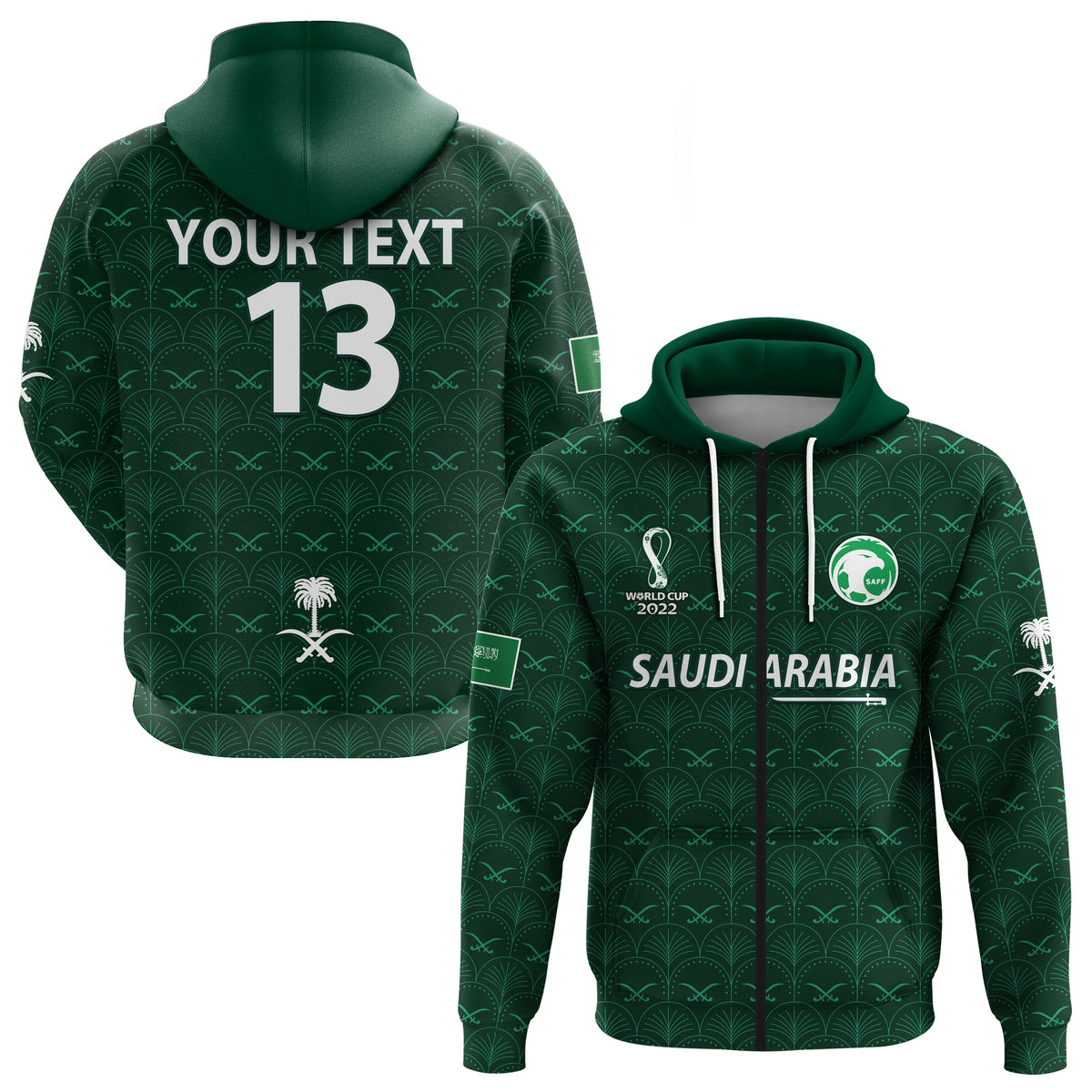 Custom Saudi Arabia Football Hoodie Saudi Green Falcon Champions 2022 World Cup LT13 - Wonder Print Shop