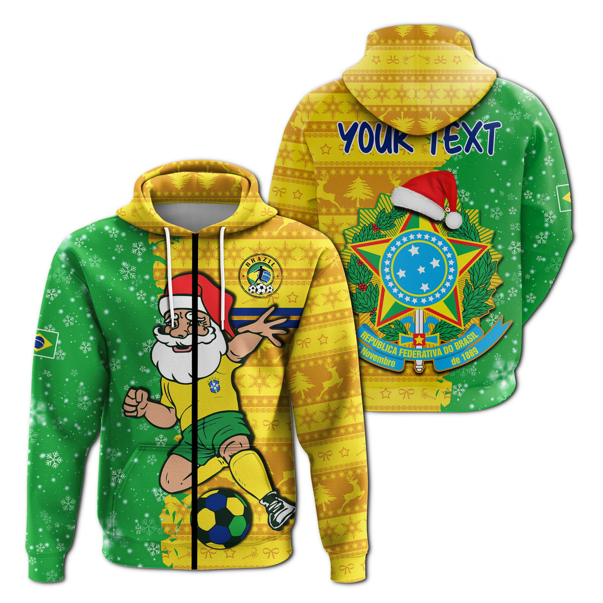 Christmas football hoodie with hooded pullover showing Brazil crest, Santa hat, and “Your Text”