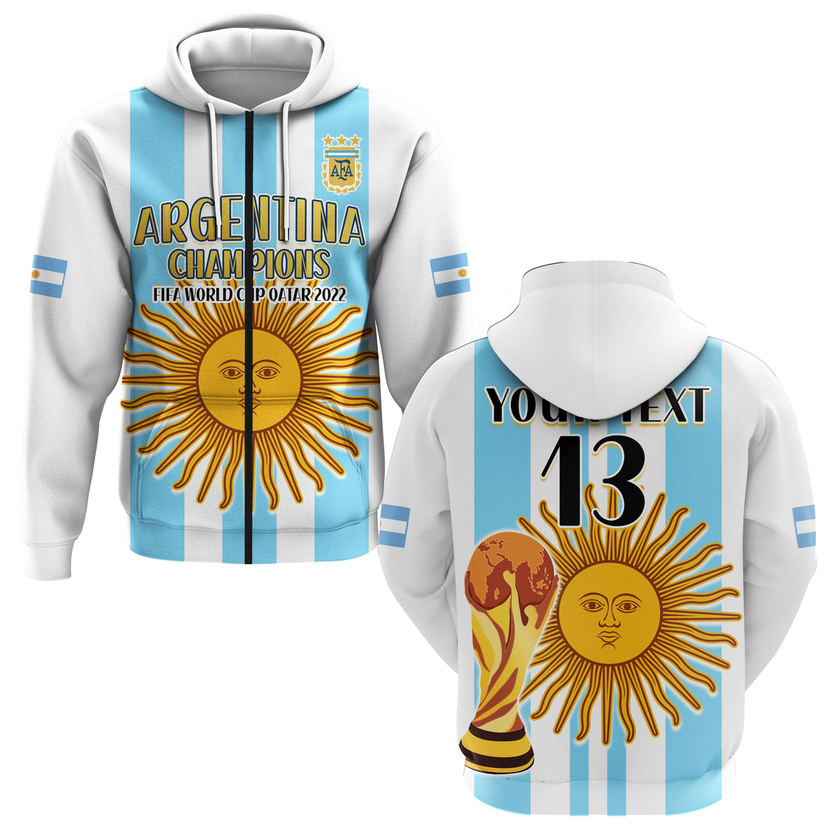 White pullover hoodie with custom back text and number 13, sun face graphic