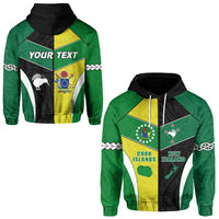 Green zip hoodie with black hood; Polynesian print panels and 'YOUR TEXT' on front