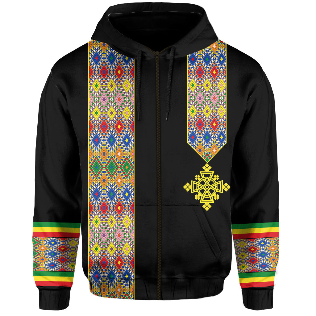Black zip hoodie with patterned vertical panels and gold emblem at chest