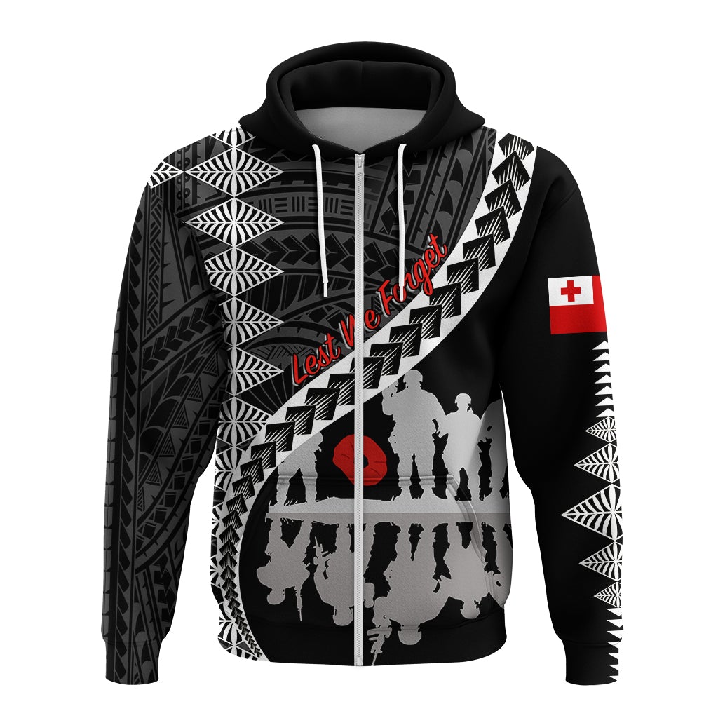 Tonga ANZAC Day Black and White Zip Up Hoodie Lest We Forget - Wonder Print Shop