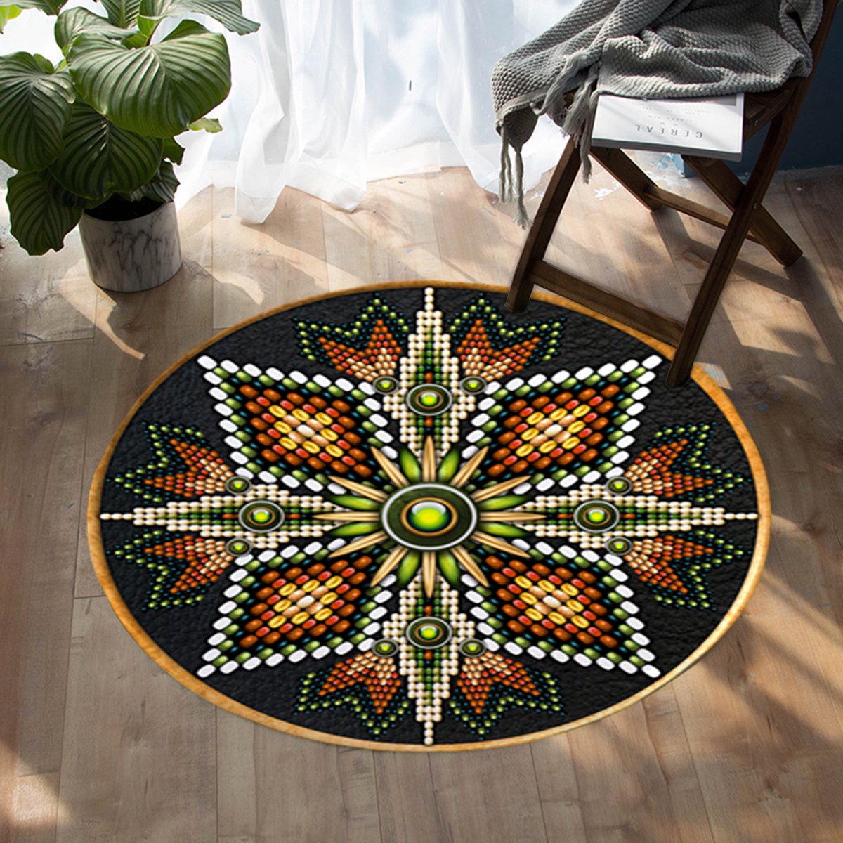 naumaddic-arts-green-and-orange-cross-rosette-native-american-design-round-carpet
