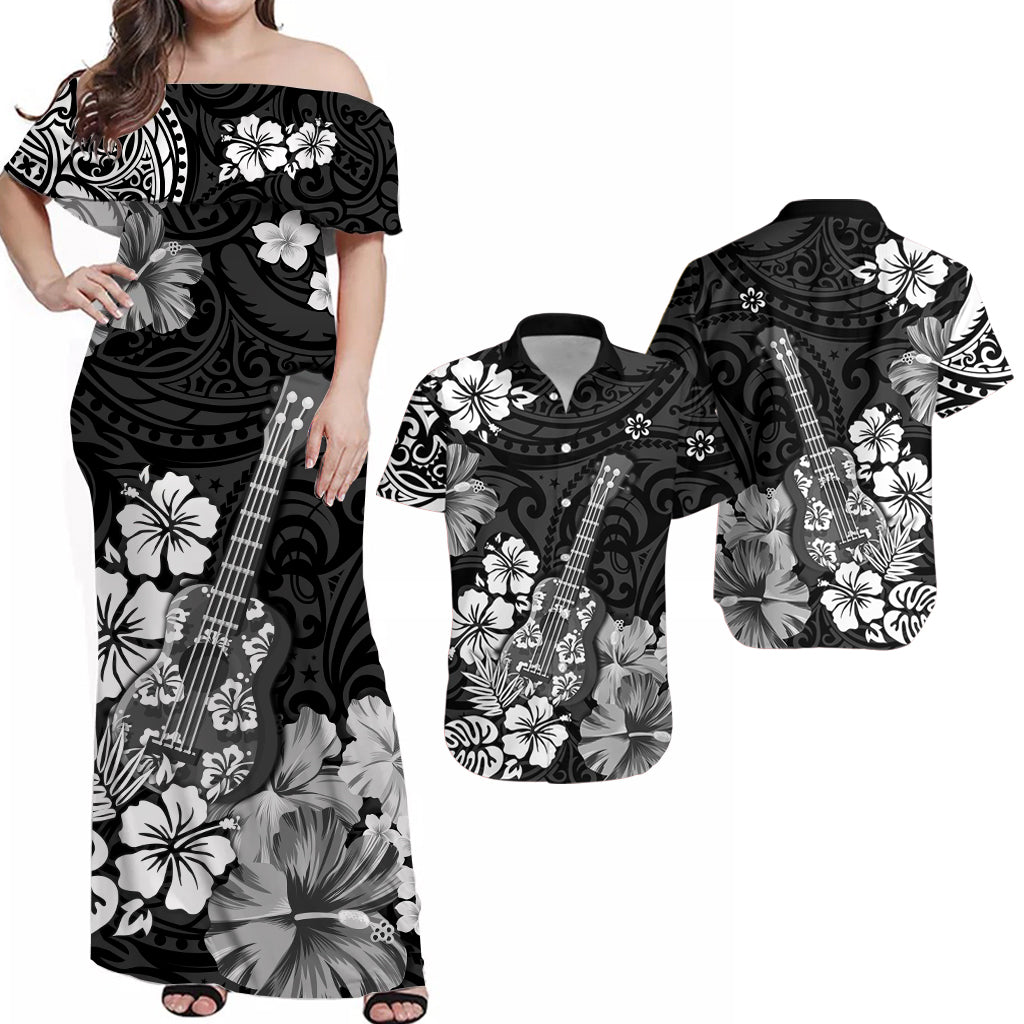 Hawaii Matching Hawaiian Shirt And Dress Polynesia Black Ukulele Flowers LT13 - Wonder Print Shop