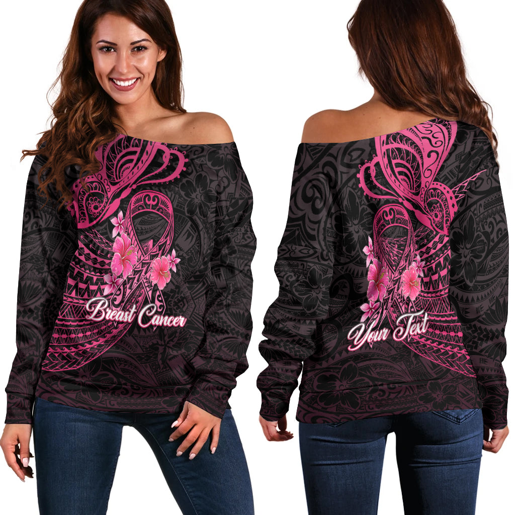 Custom Personalised Breast Cancer Pink Ribbon Butterfly Polynesian Black Version Women Off Shoulder Sweater LT12 - Wonder Print Shop