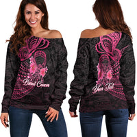 Custom Personalised Breast Cancer Pink Ribbon Butterfly Polynesian Black Version Women Off Shoulder Sweater LT12 - Wonder Print Shop
