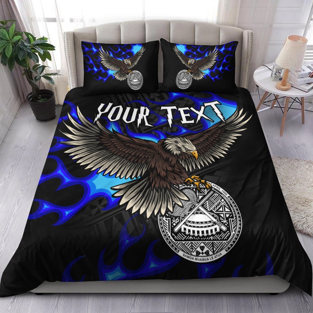 american-samoa-polynesian-custom-personalised-bedding-set-eagle-with-flame-blue