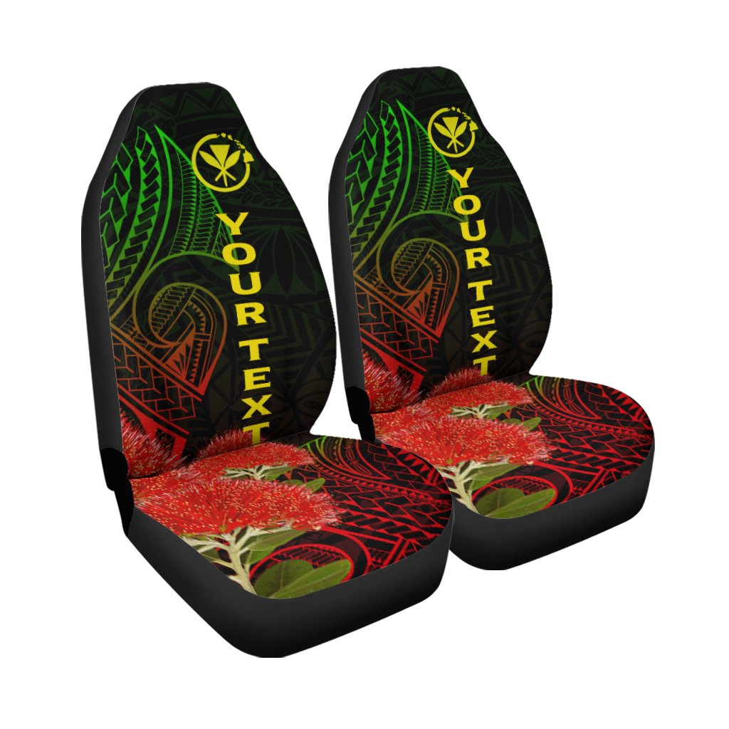 Pair of black front seat covers with green/yellow “YOUR TEXT” and red floral tribal print