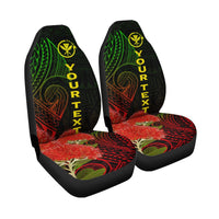 Pair of black front seat covers with green/yellow “YOUR TEXT” and red floral tribal print