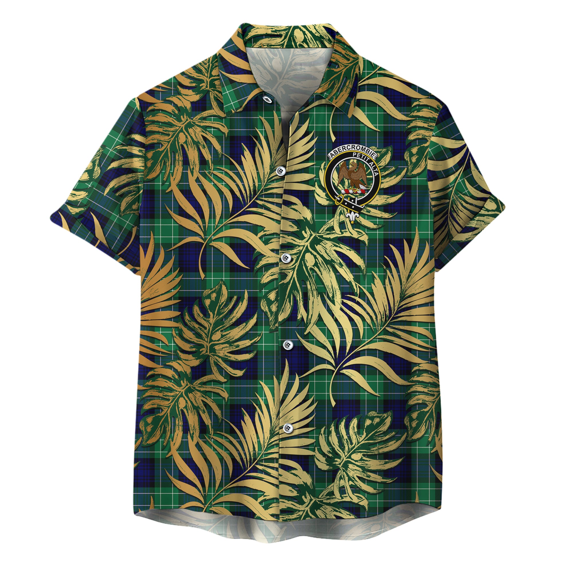 scottish-abercrombie-clan-crest-tartan-golden-tropical-palm-leaves-hawaiian-shirt
