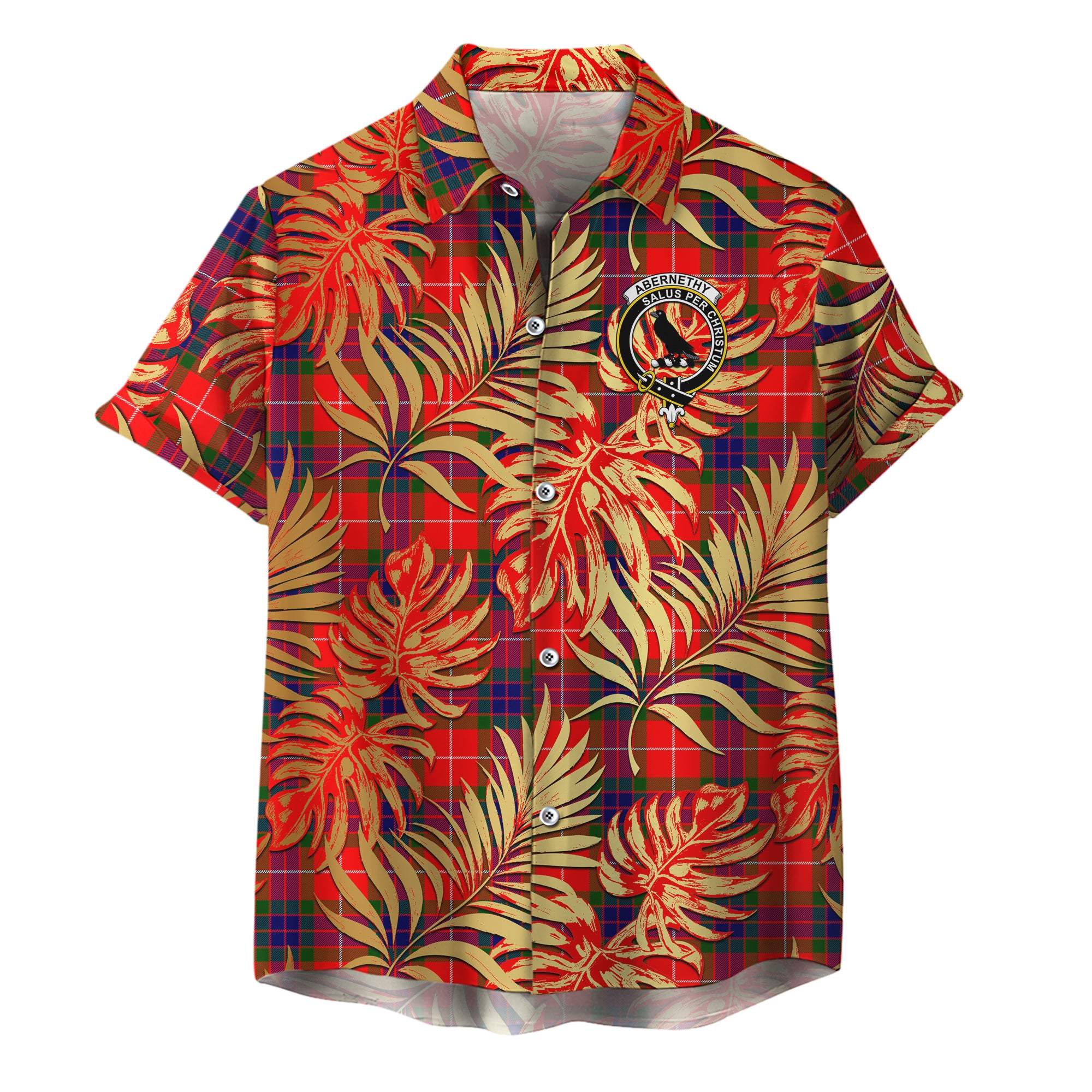 scottish-abernethy-clan-crest-tartan-golden-tropical-palm-leaves-hawaiian-shirt