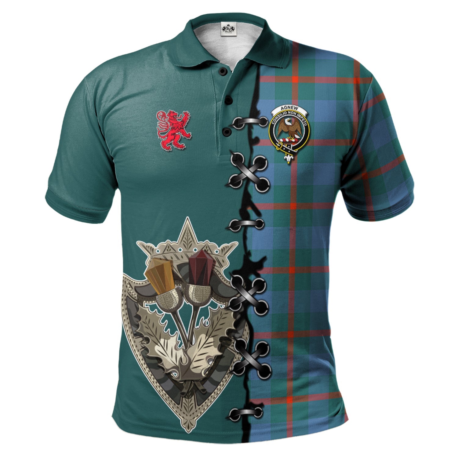 scottish-agnew-ancient-clan-crest-tartan-lion-rampant-and-celtic-thistle-polo-shirt