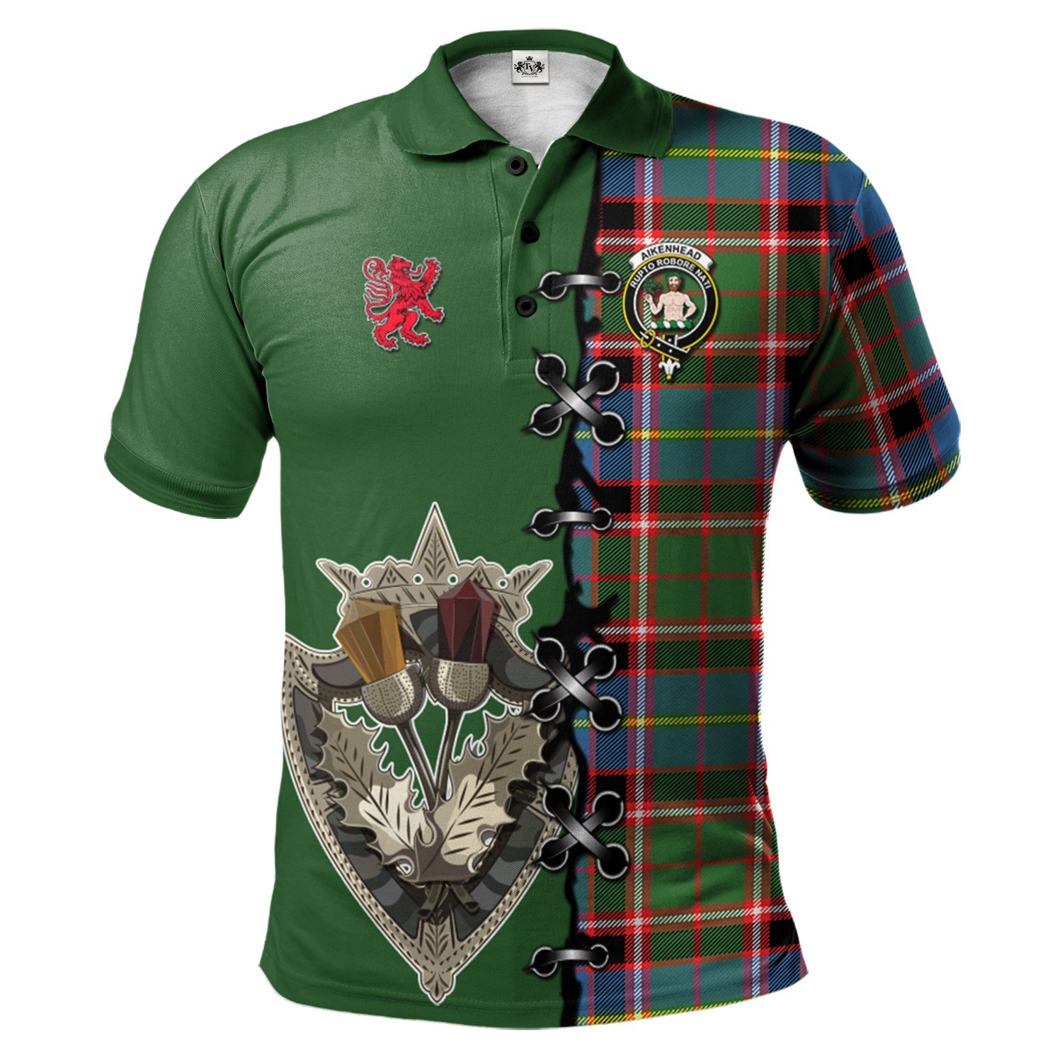 scottish-aikenhead-clan-crest-tartan-lion-rampant-and-celtic-thistle-polo-shirt