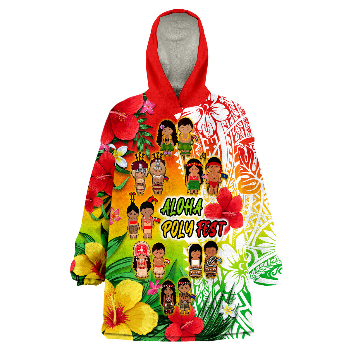 Aloha Poly Fest Polynesian Pattern With Tropical Flowers Wearable Blanket Hoodie - Wonder Print Shop
