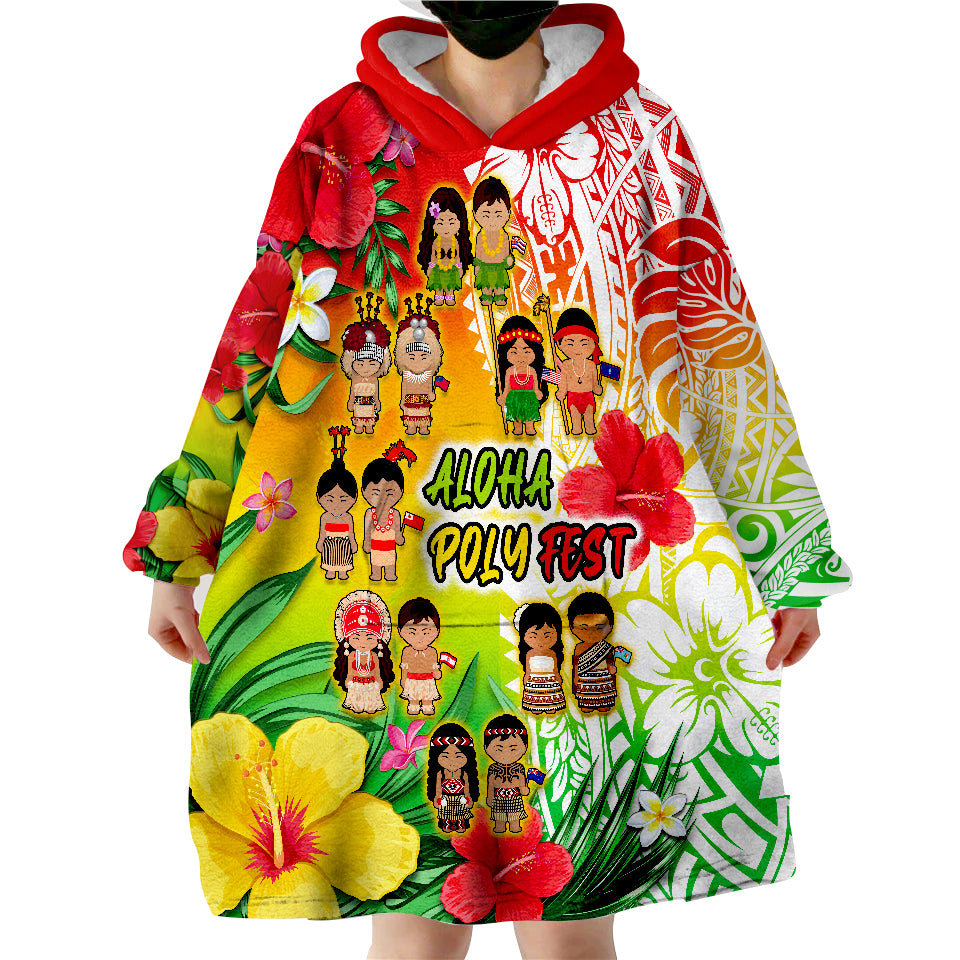 Aloha Poly Fest Polynesian Pattern With Tropical Flowers Wearable Blanket Hoodie - Wonder Print Shop