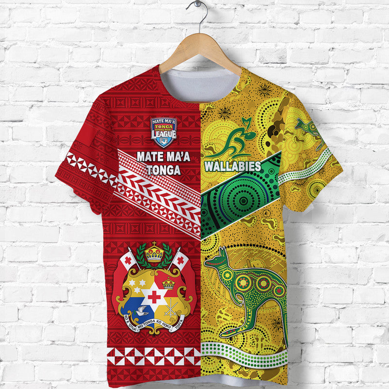 Custom Mate MaA Tonga Ngatu And Australia Wallabies Aboriginal T Shirt Rugby Together LT8 - Wonder Print Shop